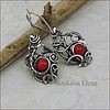 серебряные серьги с кораллом длина 4,8см, вес пары 9г